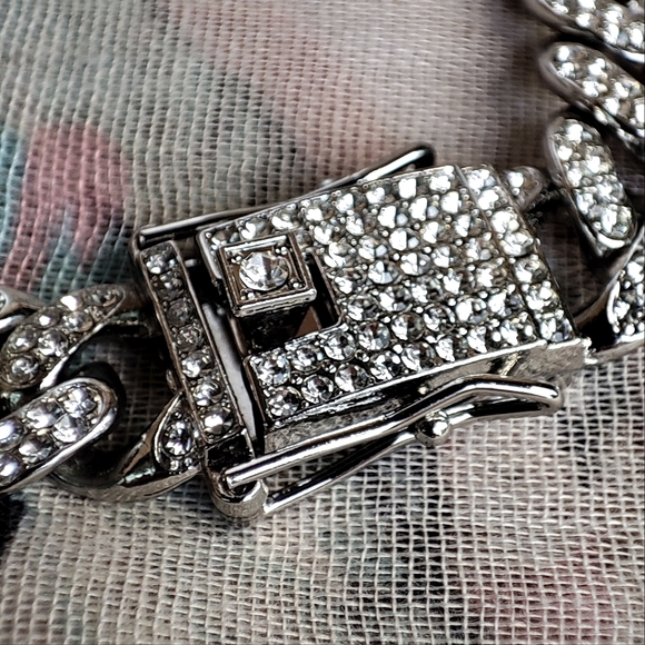 Cuban Chunky Heavy Link Chain Silver Tone Rhinestone Encrusted Bracelet UNISEX - Picture 8 of 14